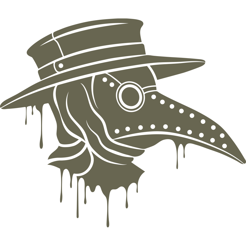 A minimalist, monochromatic illustration of the Plague Doctor Delrin Leather Stamp displays a stylized mountain range with a few slender pine trees in the foreground. The entire image is rendered in a solid olive green color, with no additional details or text.