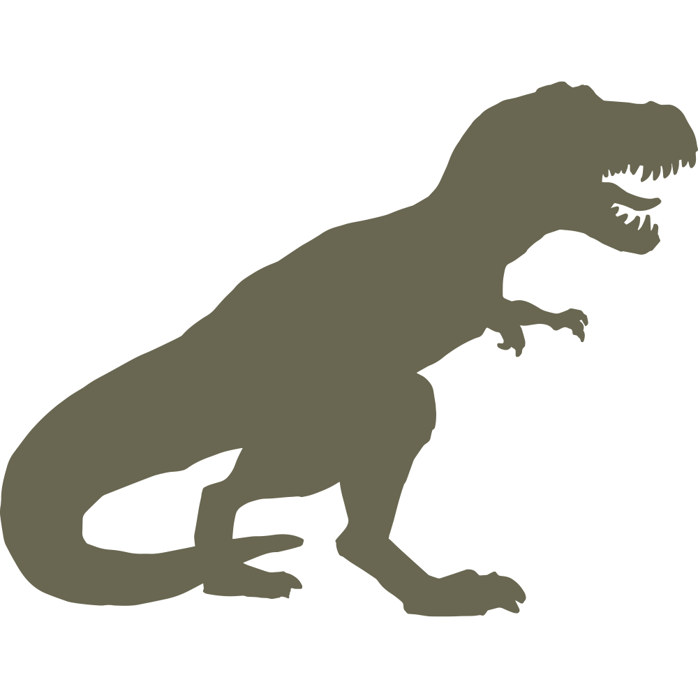 Silhouette illustration of a Tyrannosaurus rex dinosaur with open mouth and raised tail, designed for use as a Delrin leather stamp.